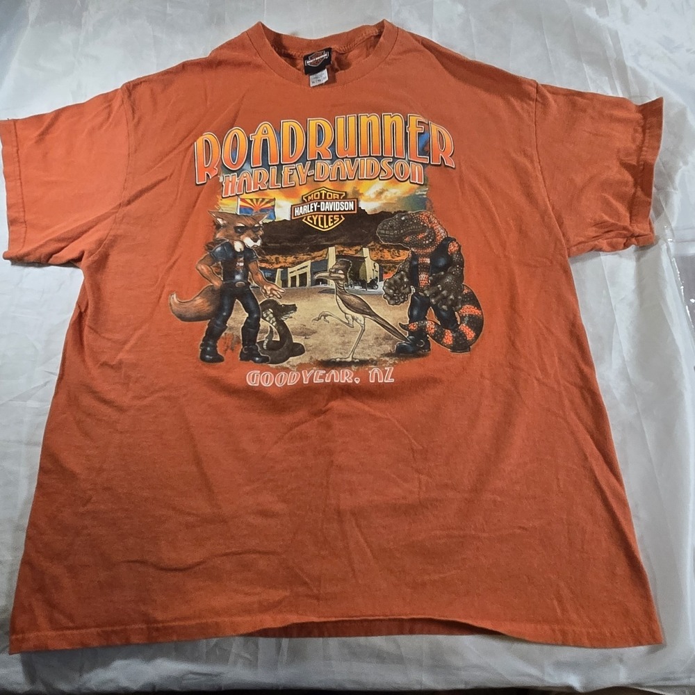 Harley Davidson Roadrunner Goodyear AZ T Shirt Mens XL Orange Double Sided